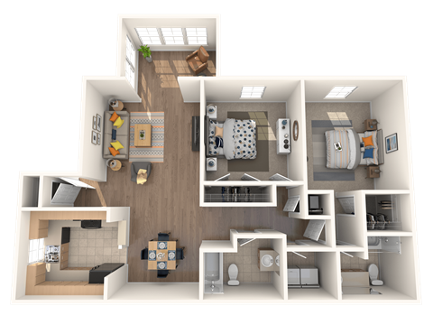 Floor plan for 2 beds, 2 baths, 1043 sqft